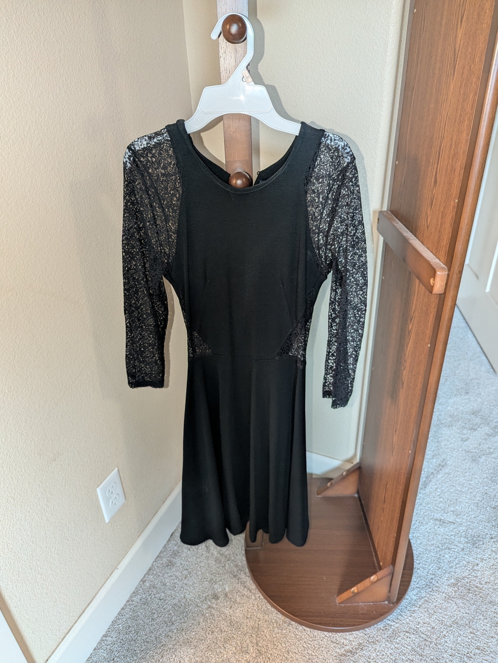 French Connection Black Lace-Sleeve Fit & Flare Dress